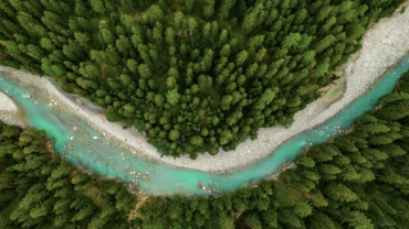 Inn River flowing in the forest in Switzerland. Aerial view from drone on a blue river in the mountains