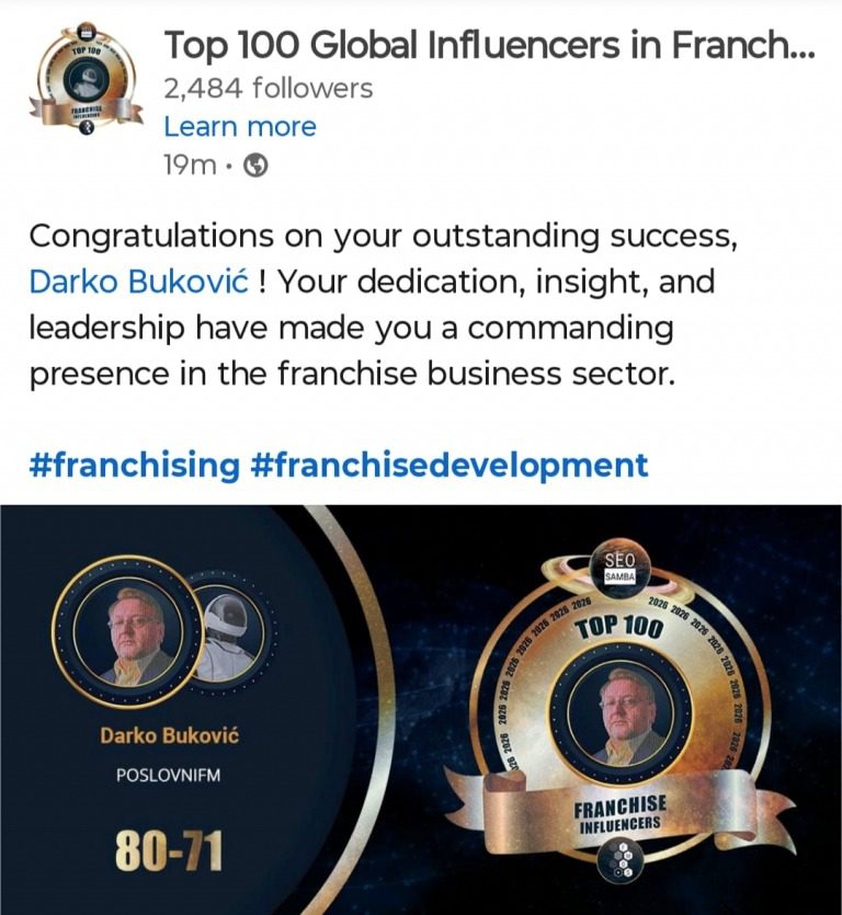 Darko Buković među TOP 100 Global Franchise Influencers za 2026. godinu